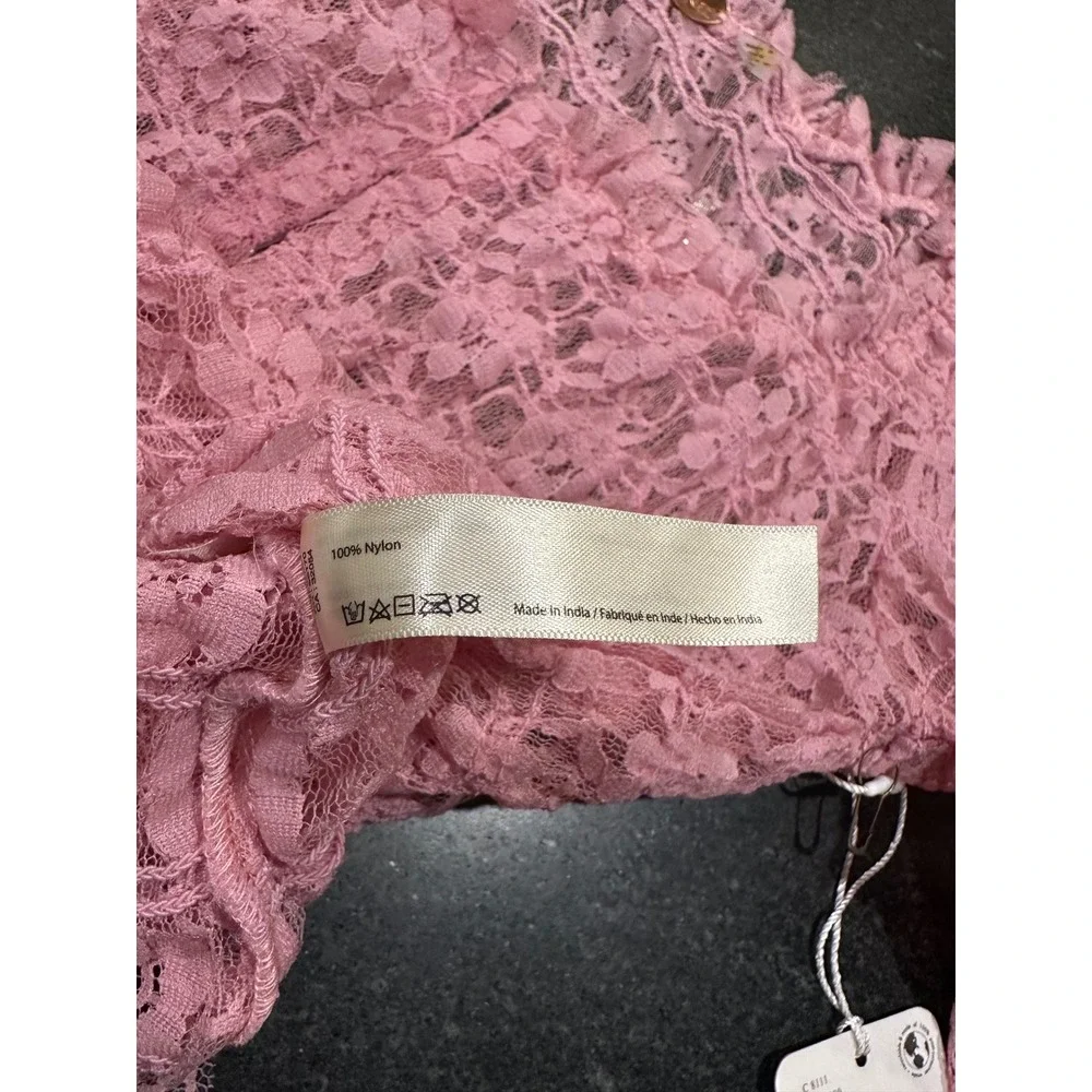 Free People FP One Madison Lace Top Pink Sheer Smocked Bell Sleeve XS NWT